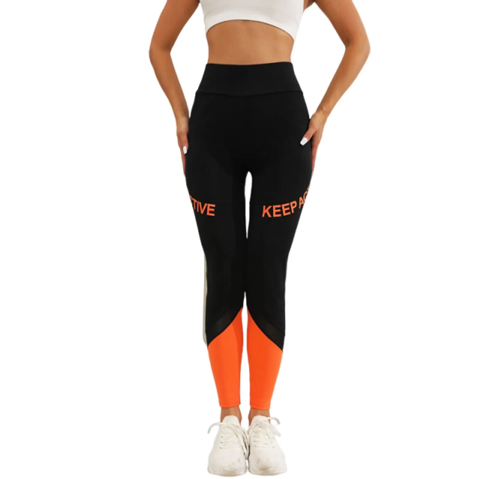 Women’s High Waist Casual Sports Pants with Patchwork Pockets