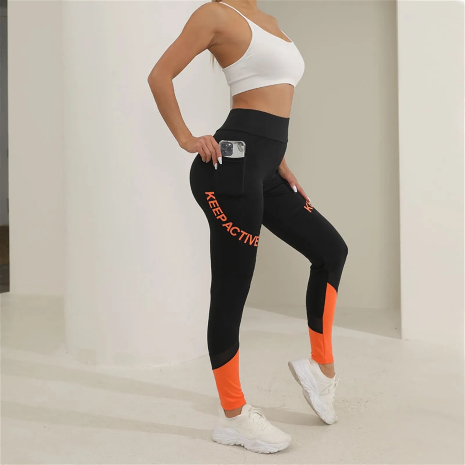 Women’s High Waist Casual Sports Pants with Patchwork Pockets